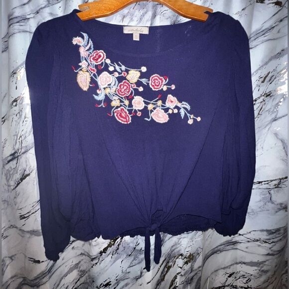 Wonderly Navy Bat Sleeve Floral Top M - Picture 2 of 7
